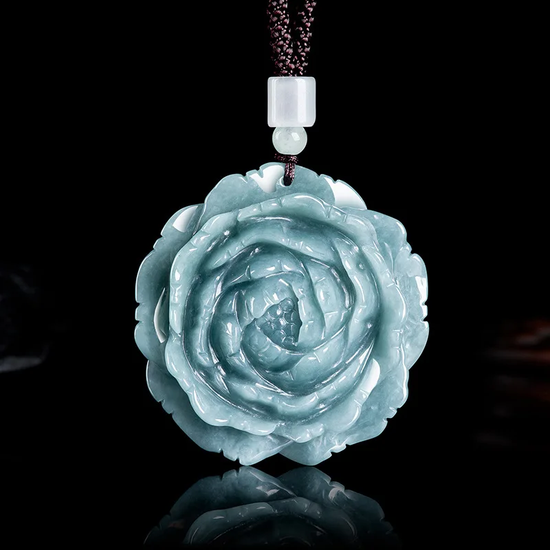 Natural A-grade Jade Blue Water Peony Flower Pendant With Blossoming Wealth Glutinous Jadeite For Men's Charms Women's Jewelry