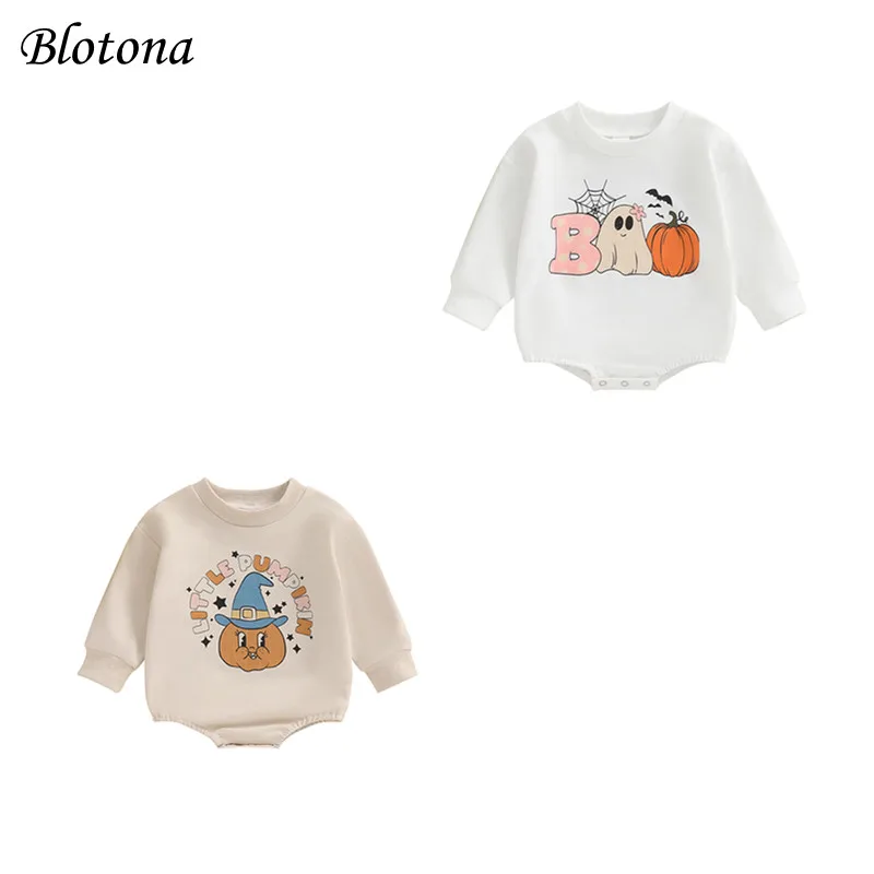 

Blotona Baby Girls Boys Sweatshirt Romper Halloween Clothes Letter Ghost Pumpkin Bat Print Long Sleeve Toddler Fall Bodysuits