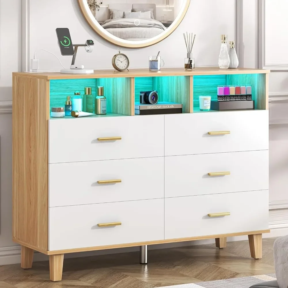 Dresser for Bedroom,6 Drawer Dresser with LED Light and Power Outlet