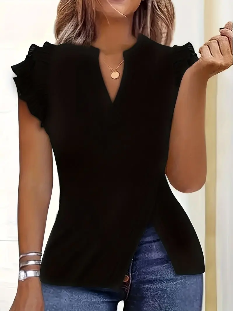 Slim Fit V-neck Women's Top Split Hem Minimalist Commuting Style Slimming Effect
