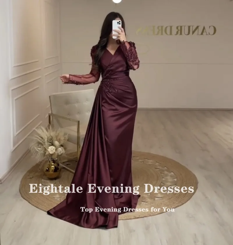 Eightale Arabic Evening Dresses for Wedding Party Satin Customized Mermaid V-Neck Beaded Long Sleeves Celebrity Prom Party Gowns