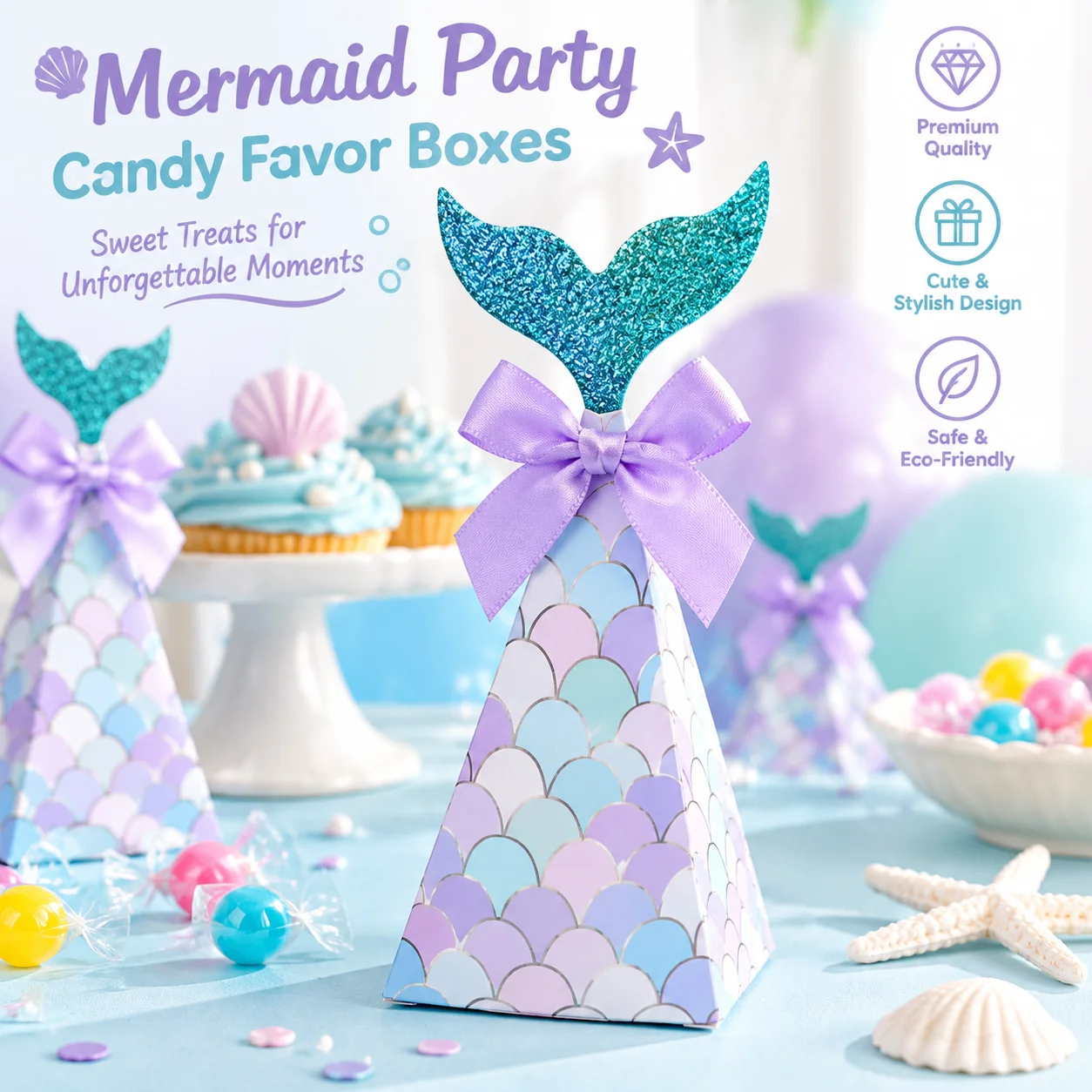 Little Mermaid Party Favor Candy Boxes Glitter Mermaid Tail Paper Gift Box Birthday Wedding Bridal Goodie Packaging Decorations