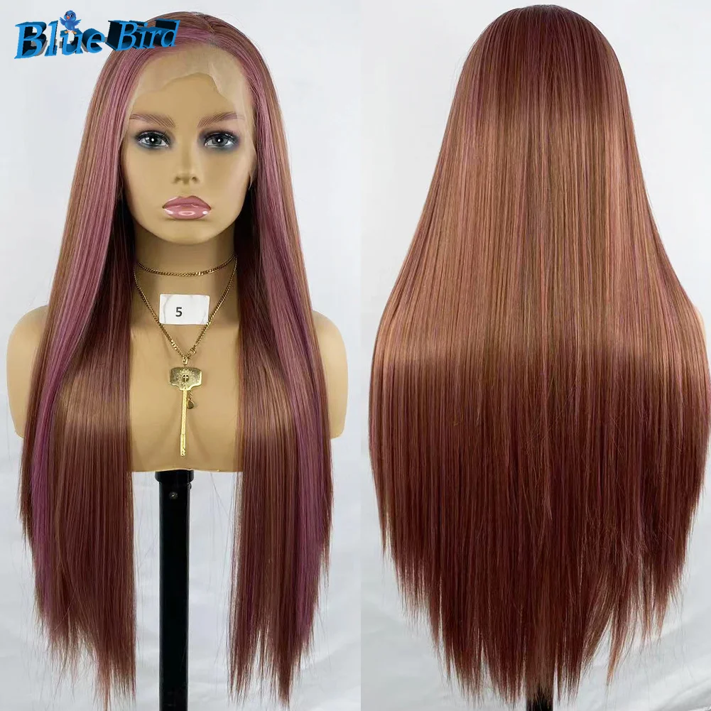 

BlueBird Long Pink Mixed Silky Straight Wigs For Women Futura Hair 13x4 Pre Plucked Glueless Synthetic Half Hand Tied Wig