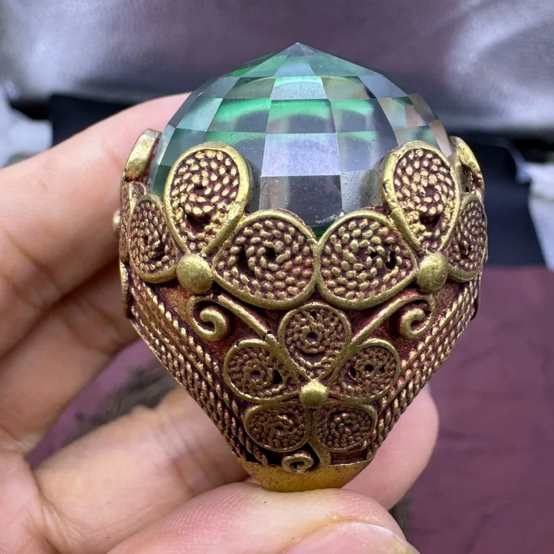 Bold Hollow Open Adjustable Ring, 30mm Inlaid Lab Created Shiny Colorful Green Gemstone Luxury Statement Fashion Jewelry