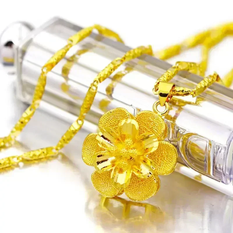 24K الذهب الخالص AU999 المرأة قلادة مع كبير ثلاثية الأبعاد زهرة قلادة فاخرة عالية الجودة مجوهرات للسيدات بوتيك وصول جديد