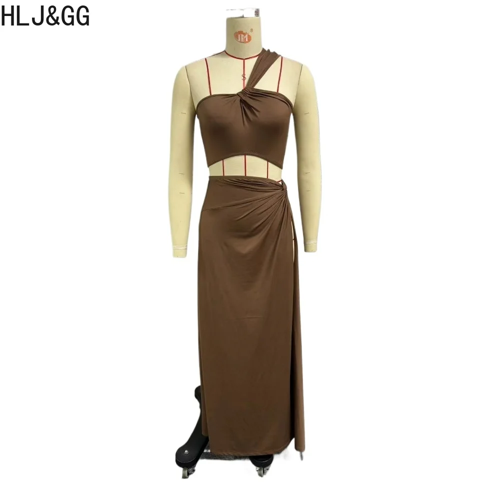 HLJ&GG Brown Sexy Solid Color One Shoulder Crop Top + High Slit Skirts Two Piece Sets Fashion Female Matching Club 2pcs Outfit