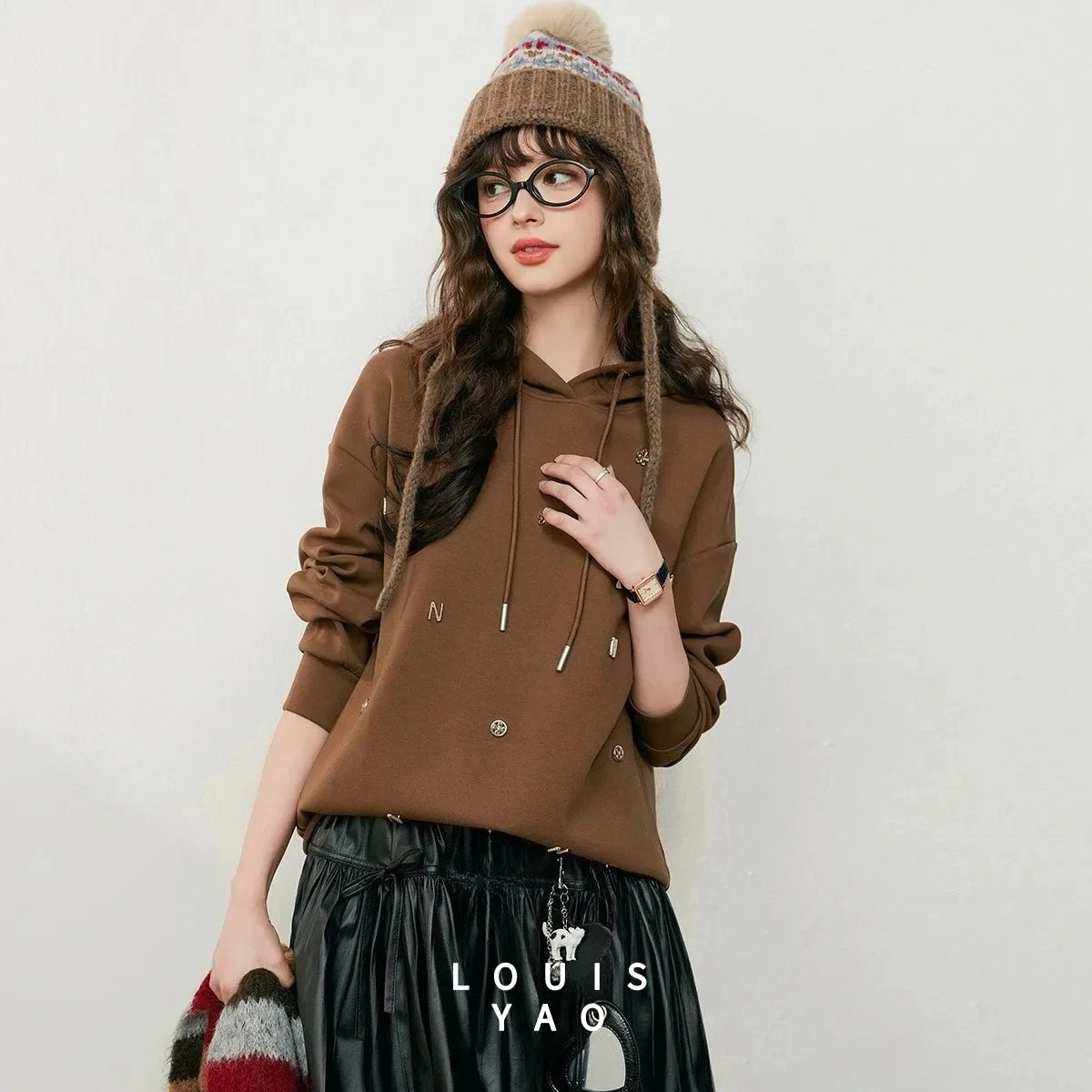 LOUISYAO Handmade Accessories Hoodies Women 2025 Autumn Shoulder Sleeve Micro Elastic Loose Long Sleeve Sweatshirts Tops