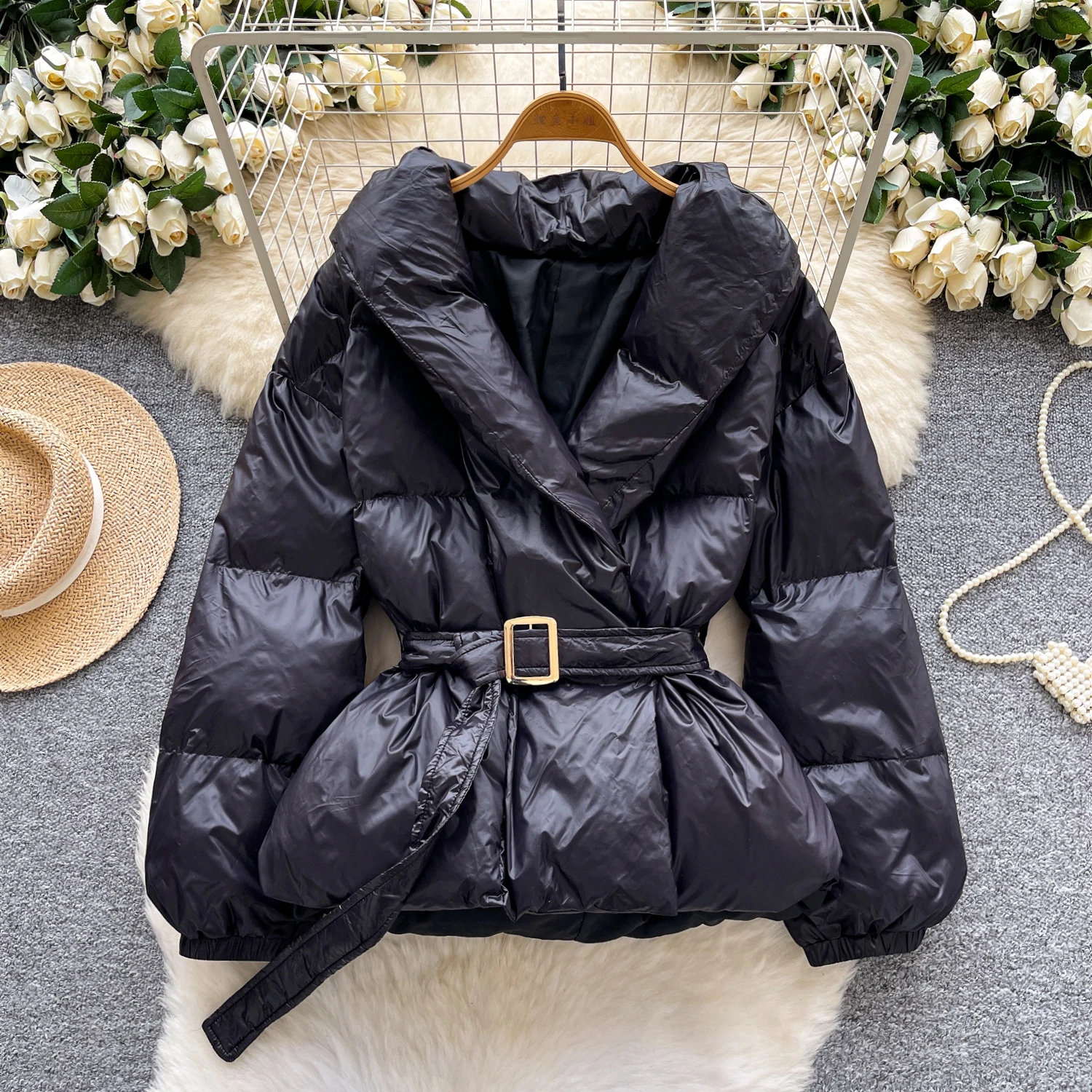 

Winter Lapel Lace Up Cotton Jacket For Women Simple Trendy Black Thicken Coat American Fashion Elegant Female Warm Jackets