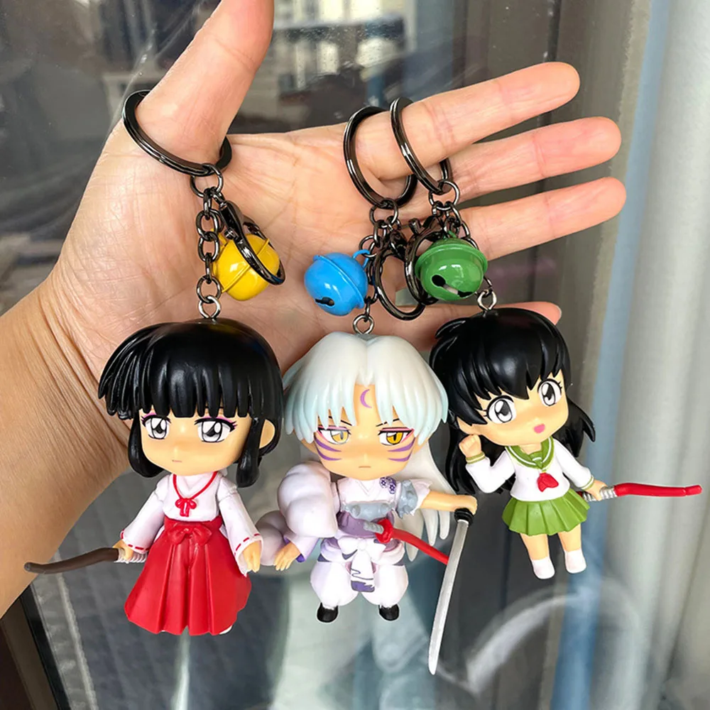 6Pcs/Set 10CM Inuyasha Q Version Sesshoumaru Higurashi Kagome Kikyo Keychain Bell Toys Pendant PVC Action Figure Model Keyholder