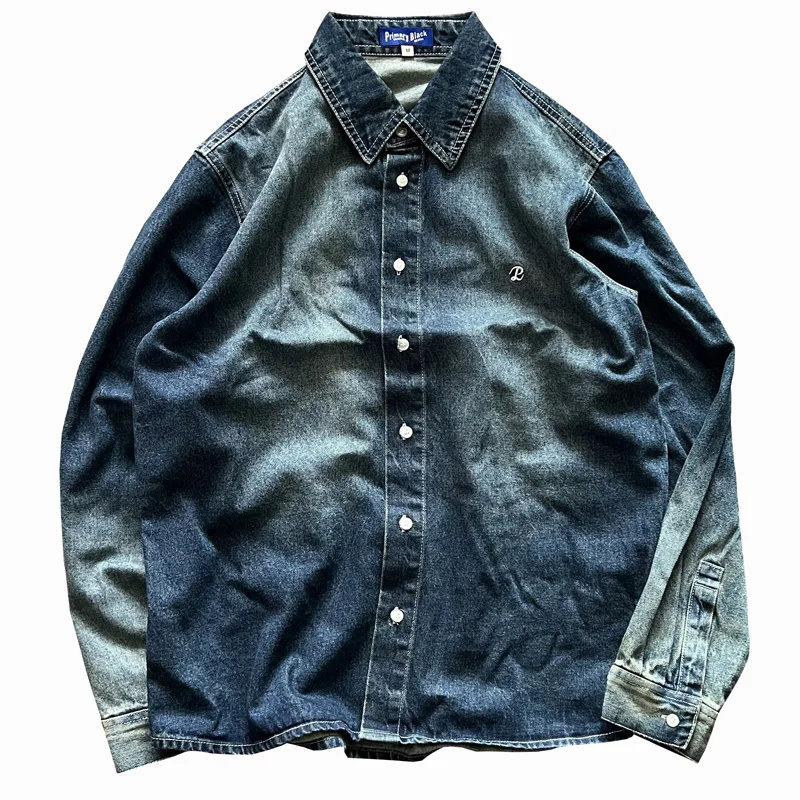 100% Cotton American Retro Casual Washed Denim Shirt Monkey Craft Gradient Spring Autumn Vintage Men\'s Soft Shirts Coats Y2k