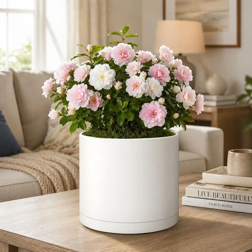 10 Inch White Plastic Cylinder Plant Pot with Drainage Holes and Saucer for Indoor or Outdoor Plants