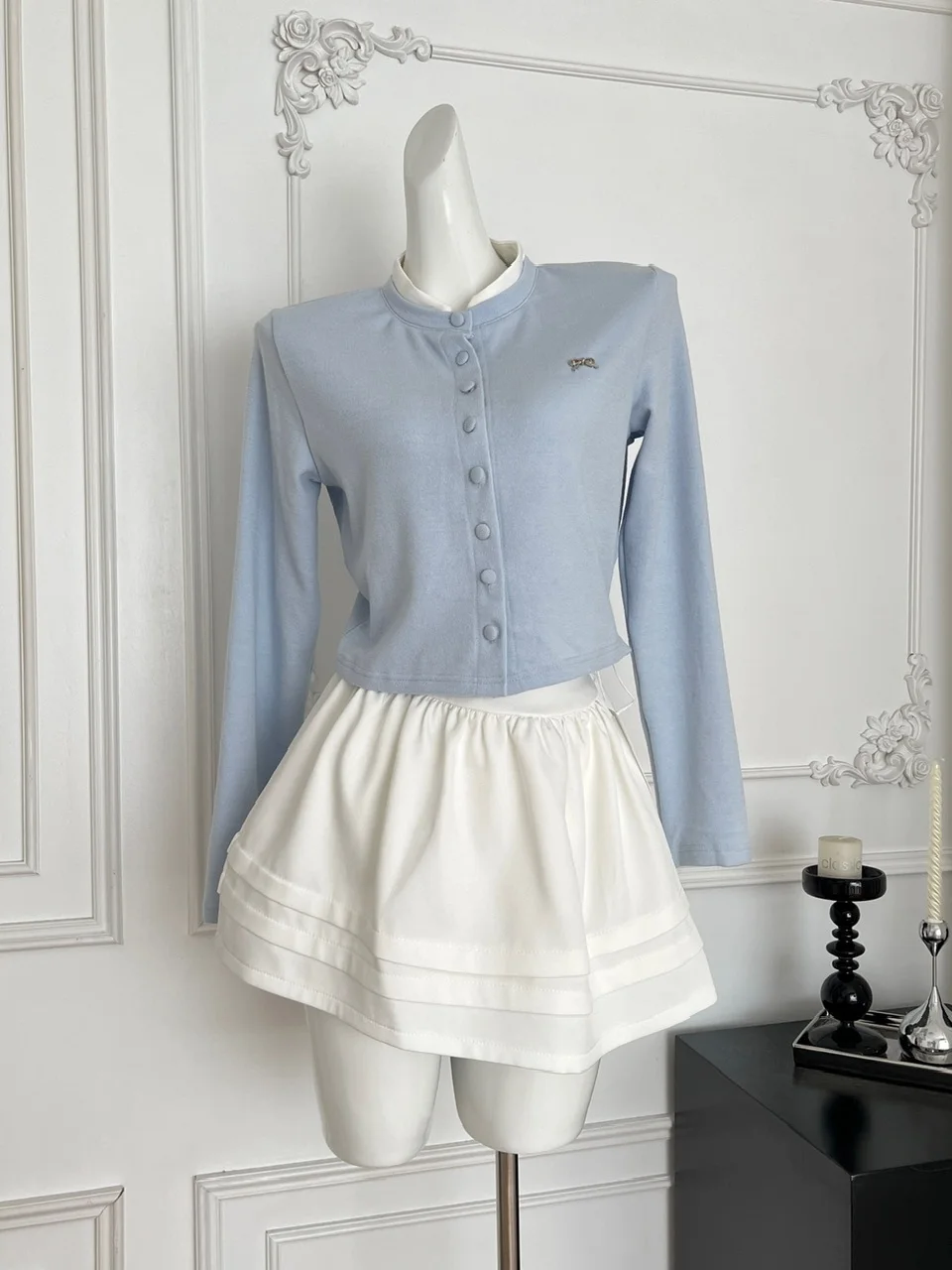 Blue Knitted ort Open Cardigan And High Waist Cake Skirt Set Soft Cozy Feel Patchwork High Ne Slimming Effect Faion Set
