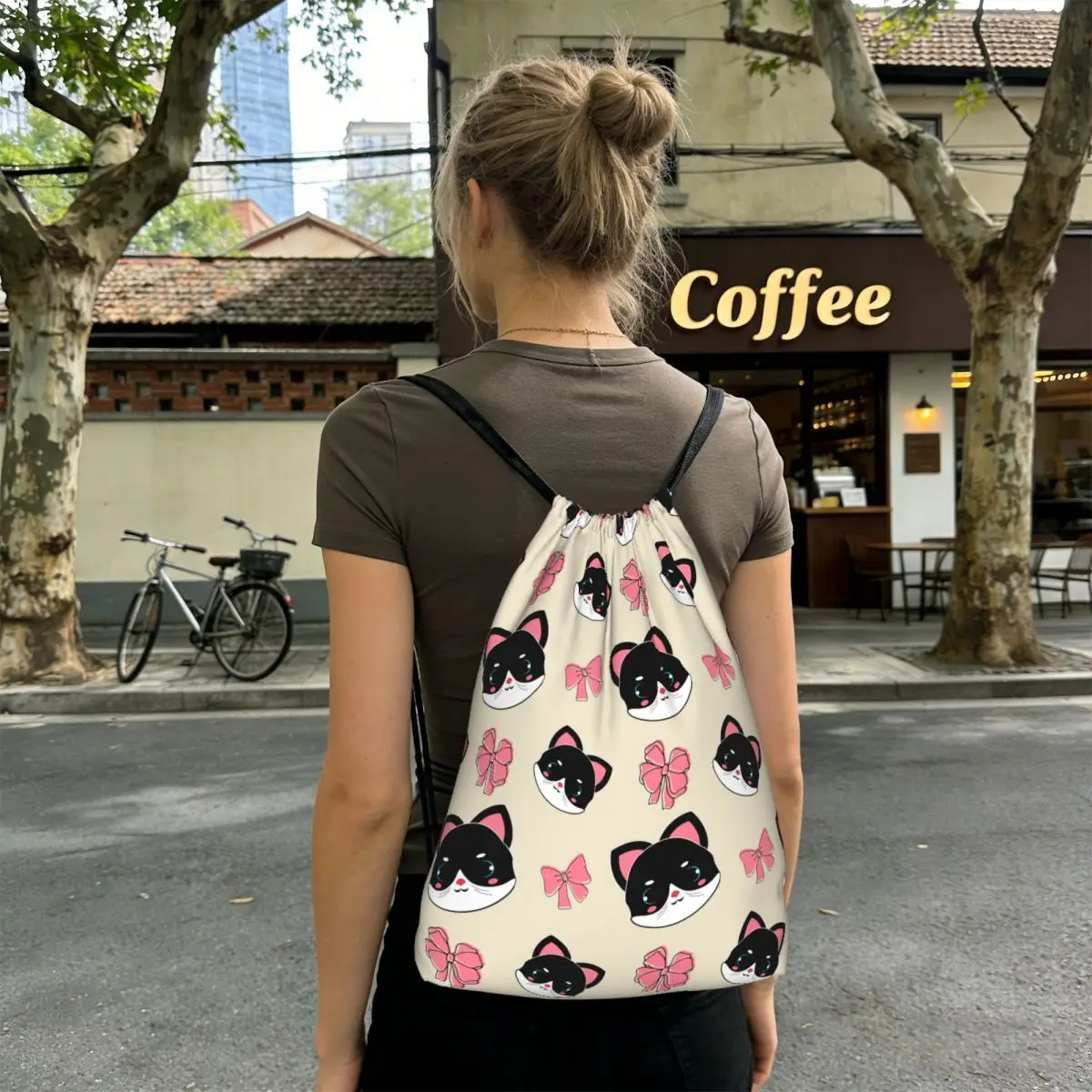Cute Kitten With Bow Pattern Backpacks Casual Drawstring Bags Sports Bag Book Bags for Man Woman School