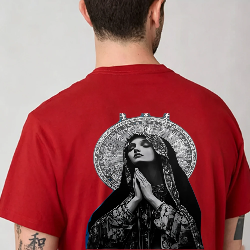 Religious Virgin Mary T-Shirt With Halo Intricate Pattern Prayer Hands Ornate Border Red Black White Crew Neck Short Sleeve Fitt