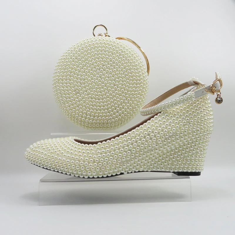 

Bao Ya Fang Beige Pearl Beads shoe High heels Wedges Wedding shoes for woman Ladies Party shoe ankle strap shoes and bags