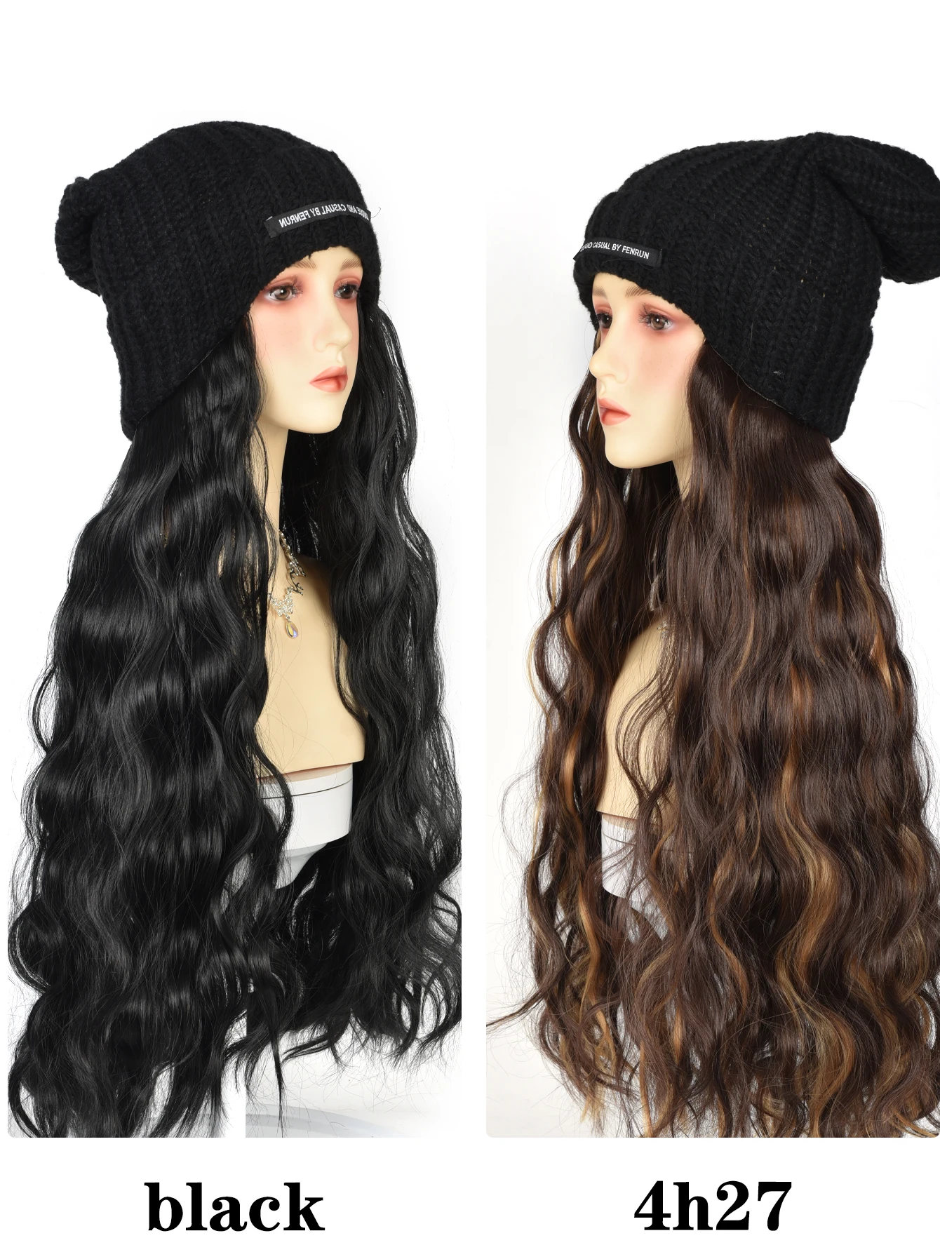 22inch Off white/Black Knitted Hat With Long Water ripple curly hair Women's synthetic wig fashionable and Warm Soft Ski Knitted