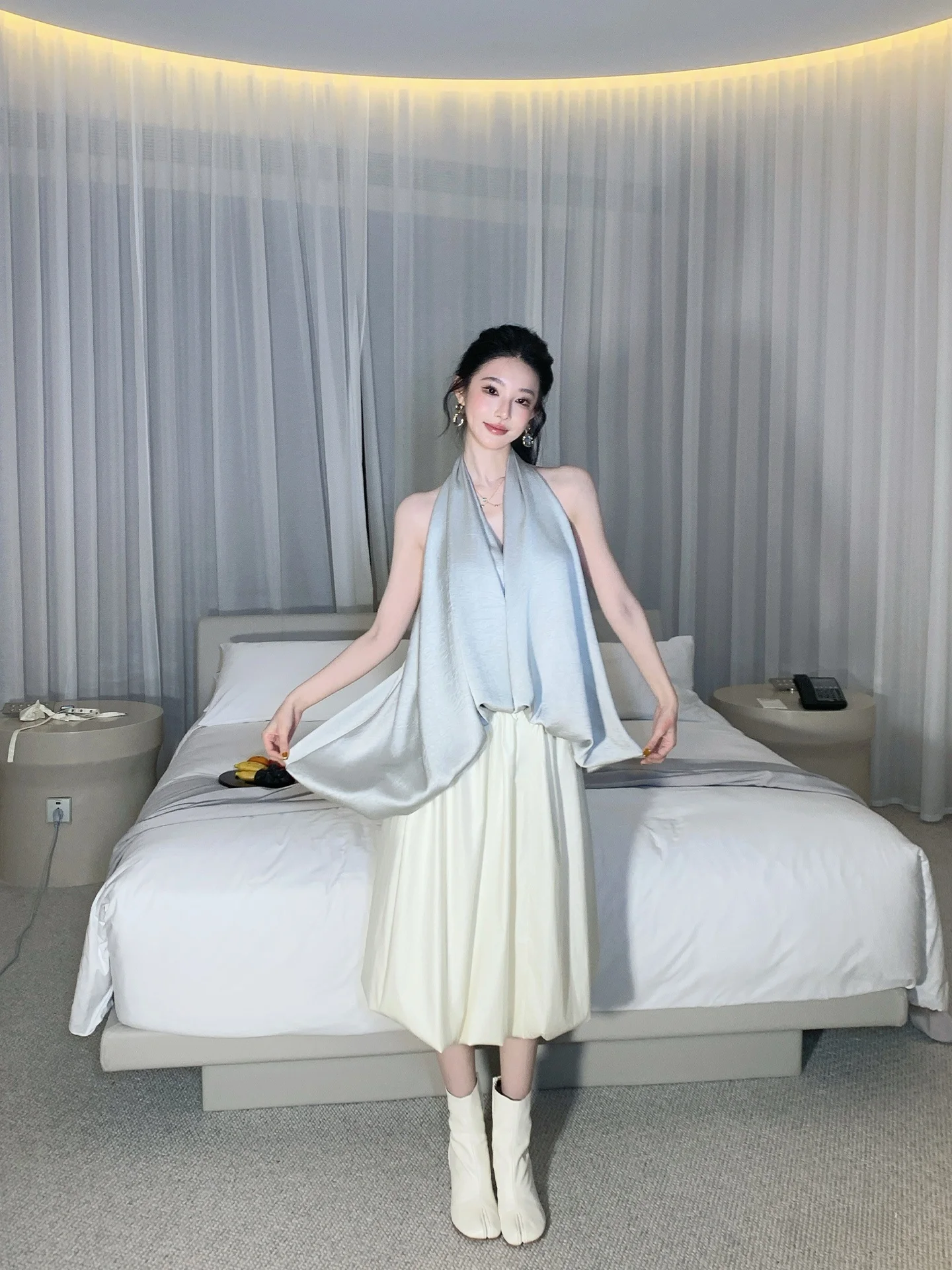 

Alin Spring Summer 3D Flower Bud Design Half Skirt Slimming Commute Versatile Midi Skirt High Waist Polyester Blend Skirt