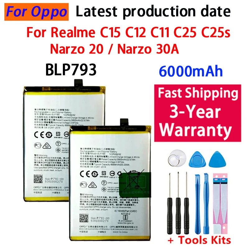 Batería para teléfono móvil BLP793 6500mAh para Oppo Realme C11 C12 C15 C15 Edición Qualcomm C25 C25s Narzo 20 30A 50A