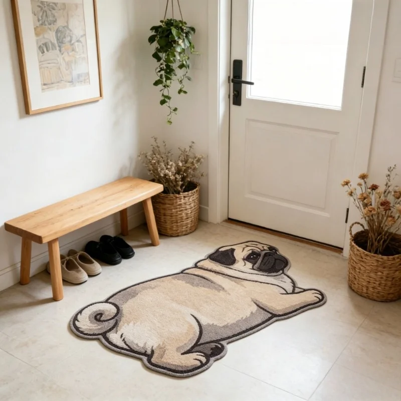 VIKAMA Cute Pug Shaped Bath Mat Soft Fluffy Water Absorbent Anti Slip Dog Floor Rug Bathroom Entry Home Decor