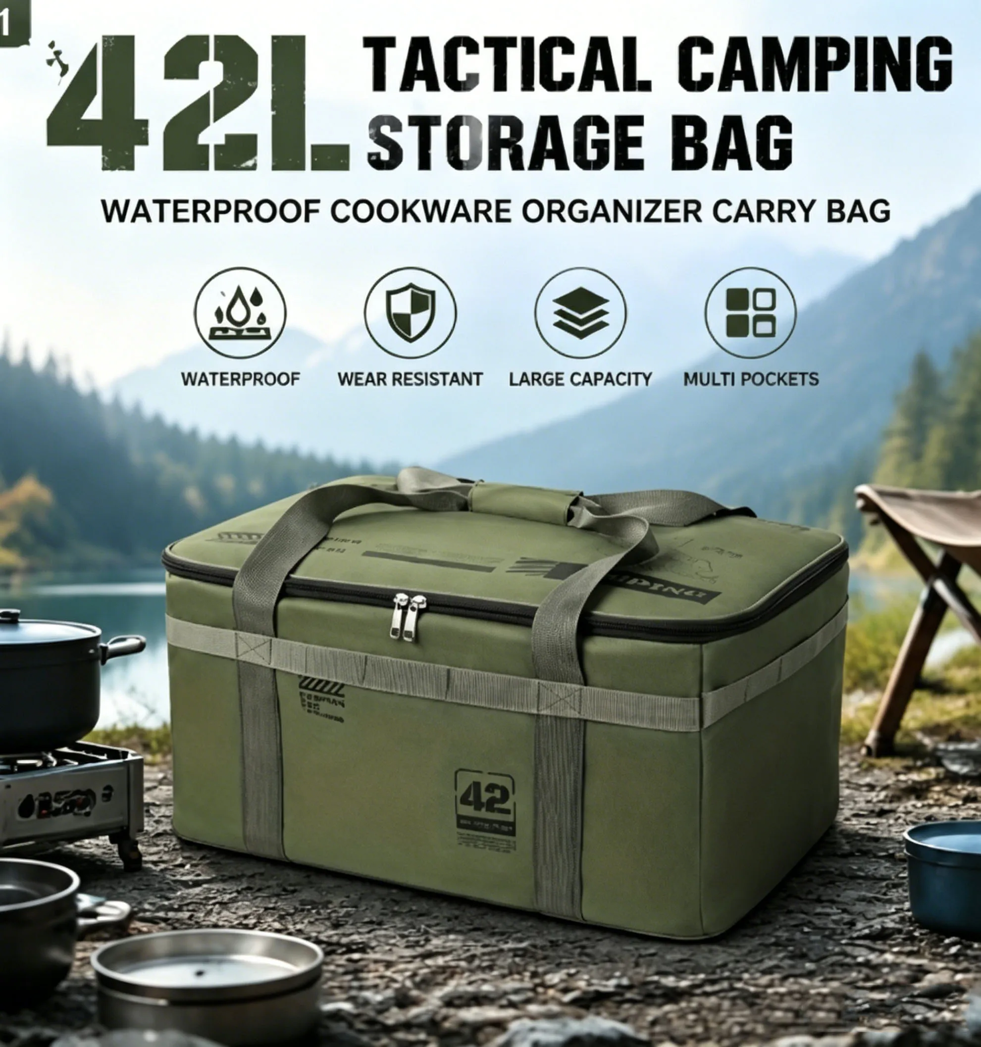 

42L Large Capacity Tactical Camping Storage Bag Waterproof Cookware Organizer Carry Bag Outdoor BBQ Picnic Gear with Side Pocket