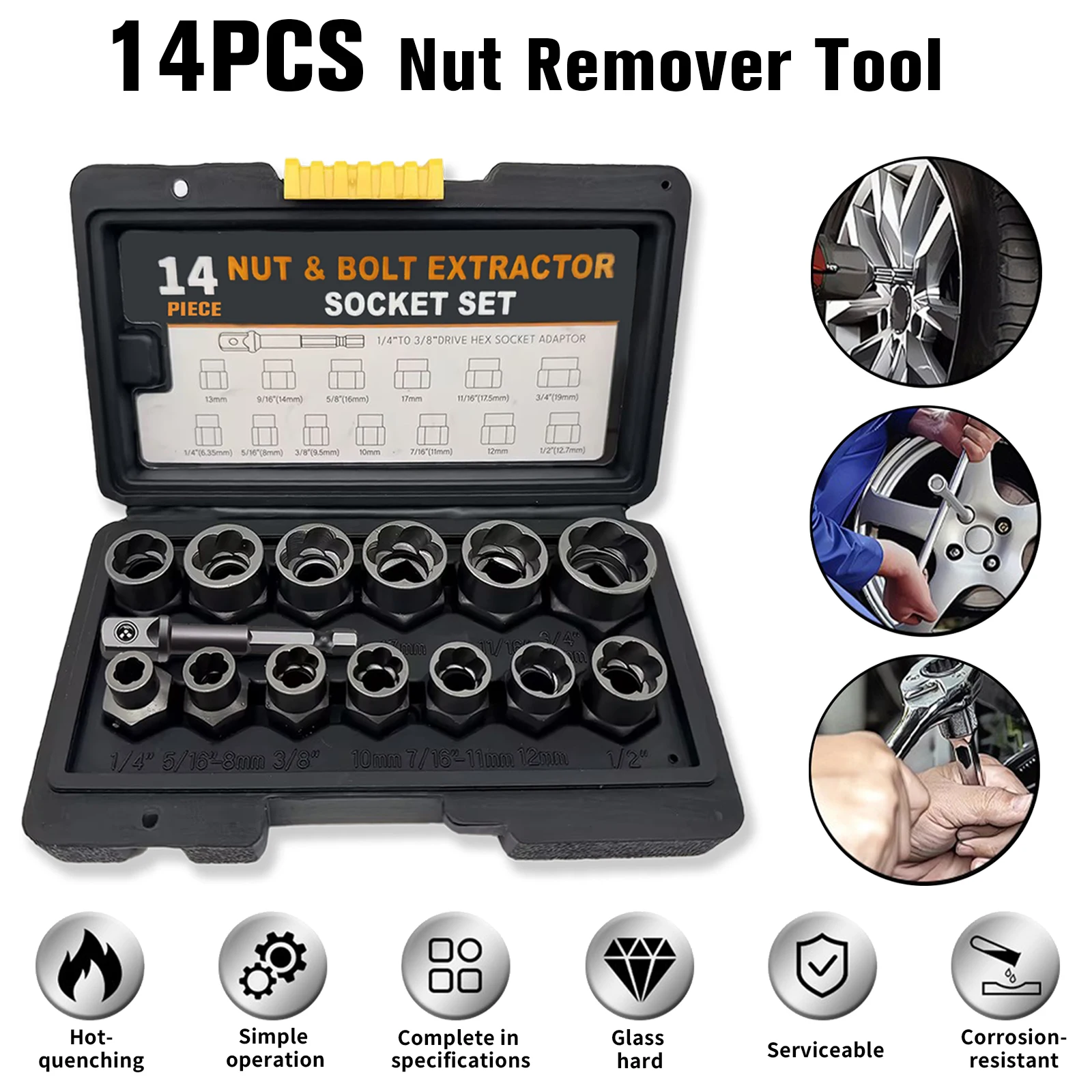 

Набор торцевых ключей из 14 предметов - размеры от 1/4 до 3/8 дюйма, с противоскользящим покрытием, прочный, профессиональный набор инструментов для авторемонта