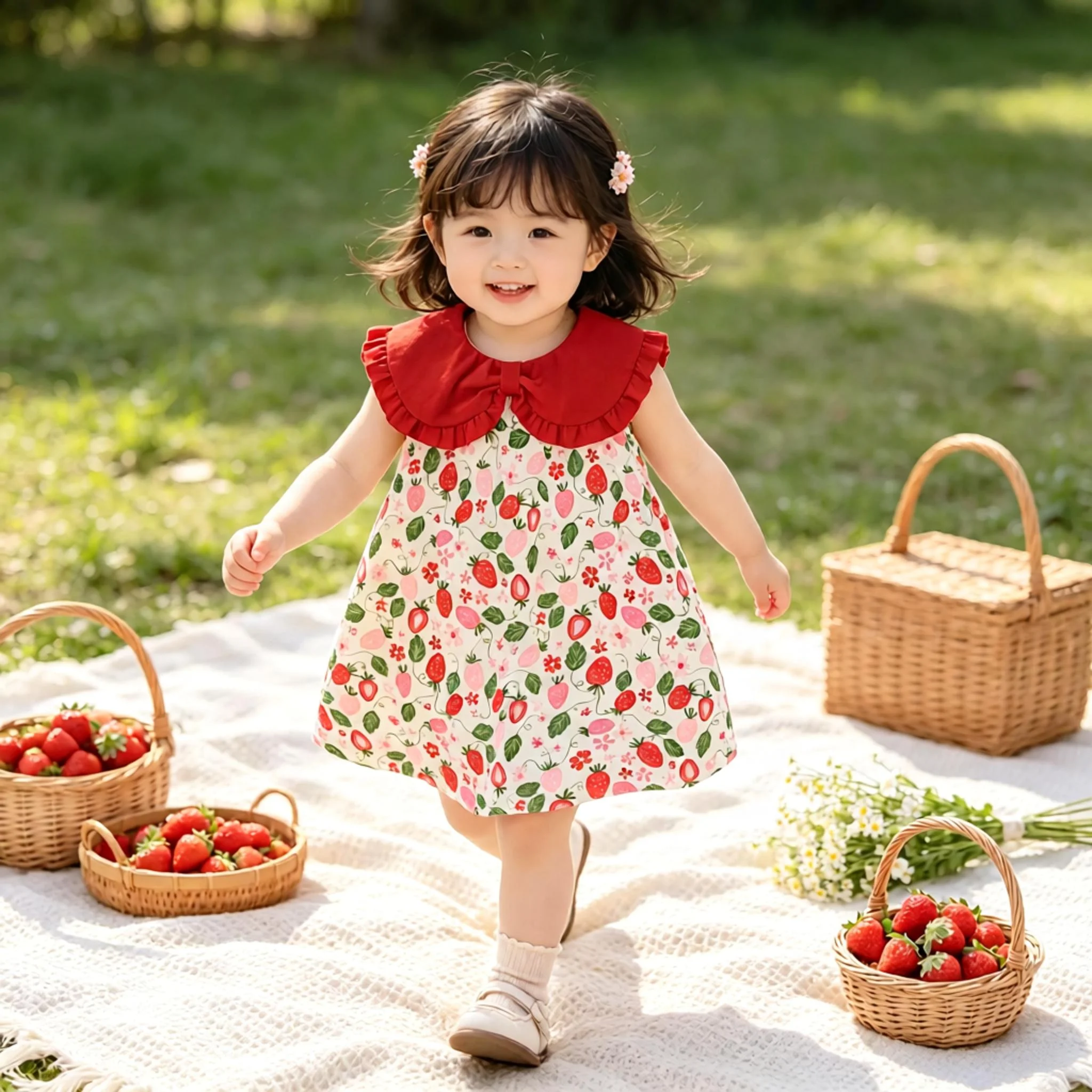 Summer baby girl fashion cute strawberry pattern bow shaped collar sleeveless dress (excluding shoes and hats)