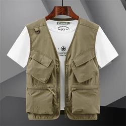2025 New Men's Multi-Pocket Vest Casual Workwear V-neck Sleeveless Jacket Men Photography Hiking Fishing Cargo Tool Waistcoat