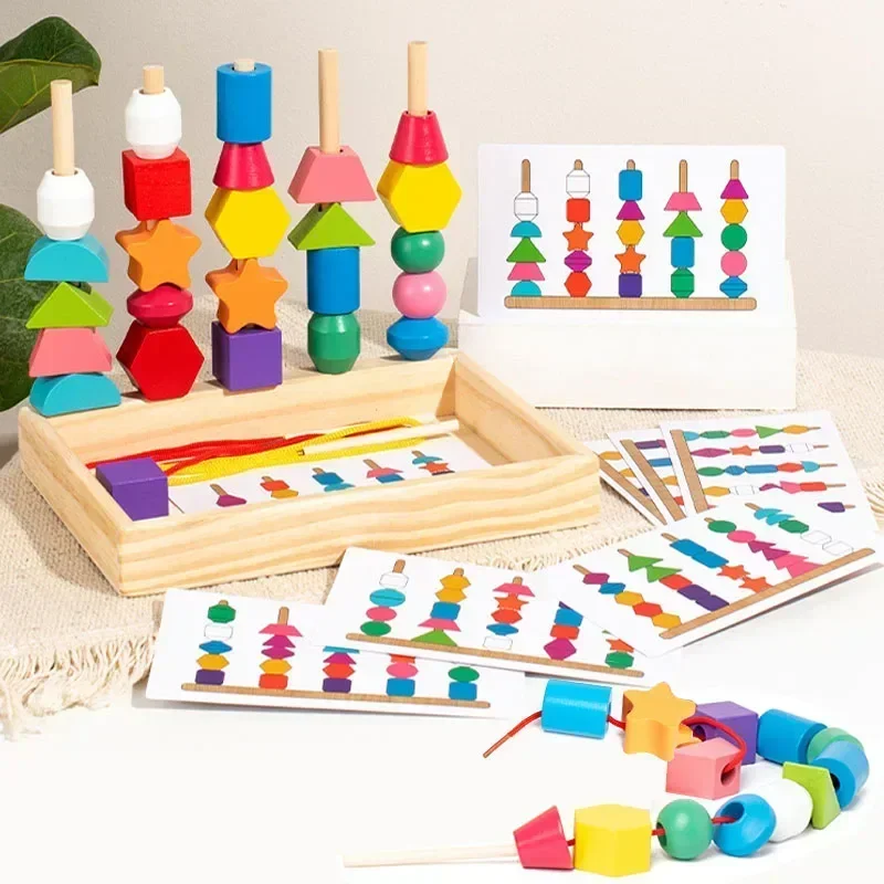 5 in1 Montessori Giocattoli di legno Forma di colore Blocchi cognitivi Gioco di smistamento abbinato Giocattoli educativi precoci con perline Regalo per i bambini