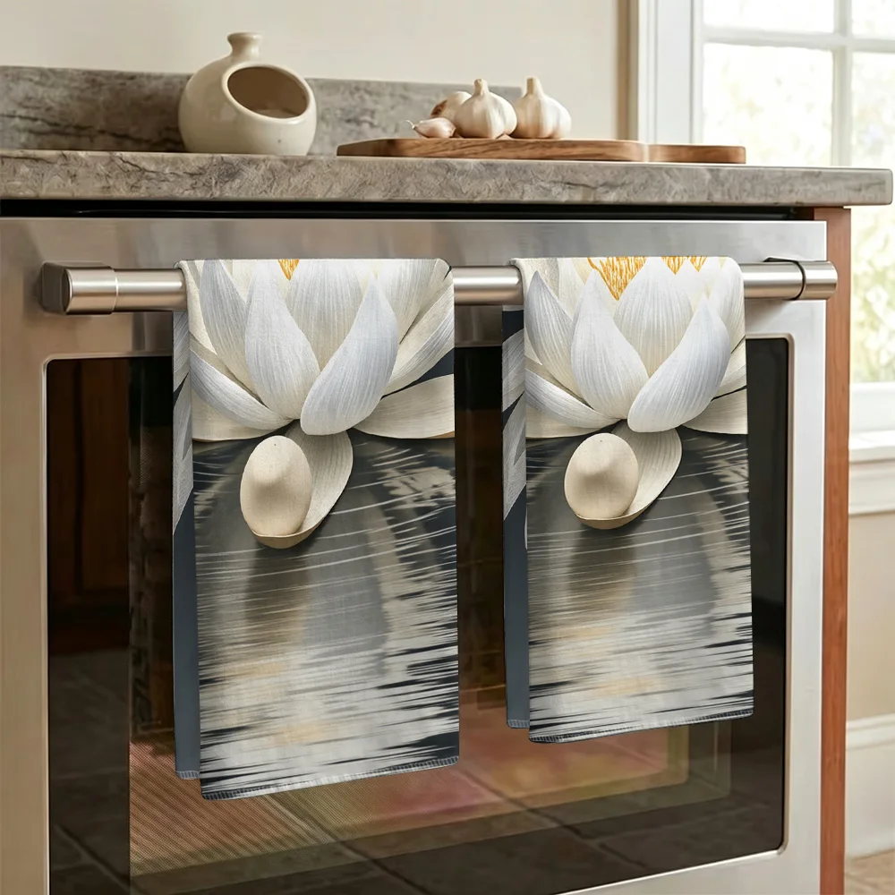 1pc/2pcs Printed White Lotus Kitchen Towel-Super absorbent, reusable polyester dishcloths, perfect for home decor, cooking, baki
