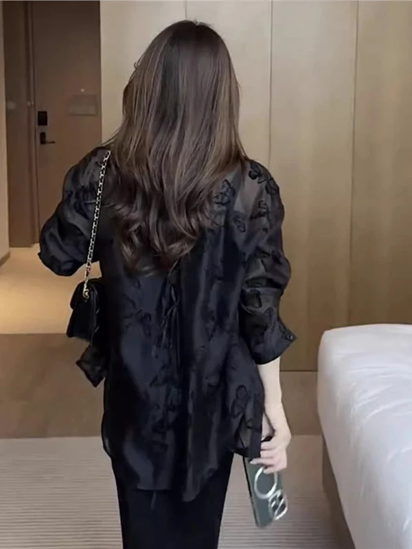 Elegant Black Sun Protection Shirt Coat Women's Fashion Spring 2026 Long Sleeve  Collar Commute Style Loose Fit Outerwear