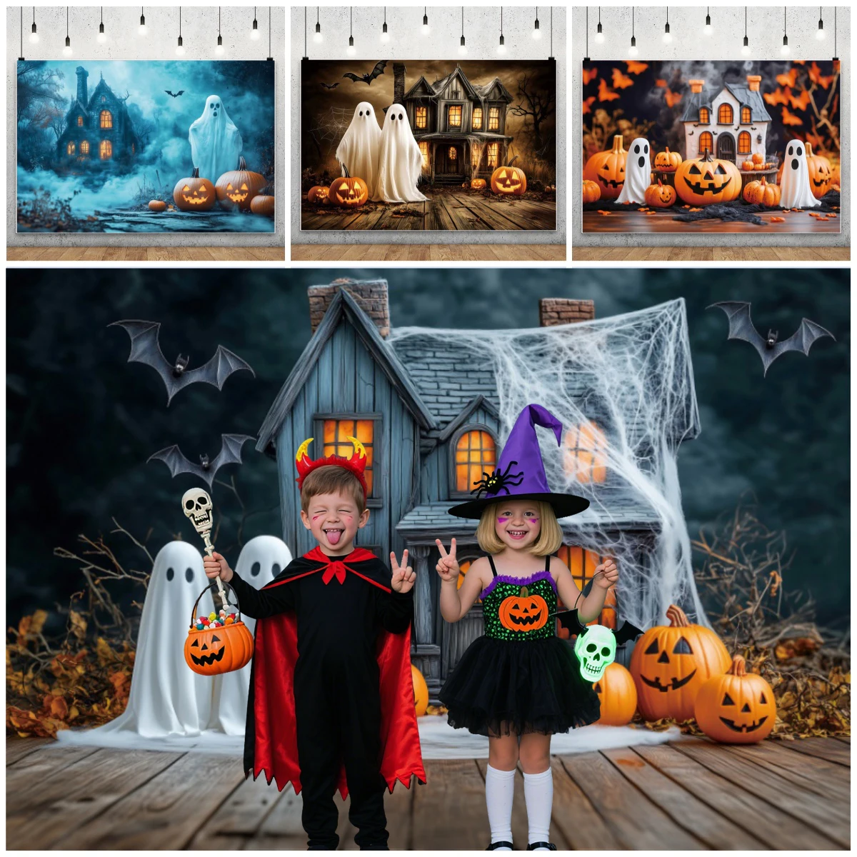 زينة الهالوين 2025 خلفية صورة قلعة اليقطين شبح شبكة العنكبوت استحمام الطفل عطلة الأسرة حفلة التصوير خلفية
