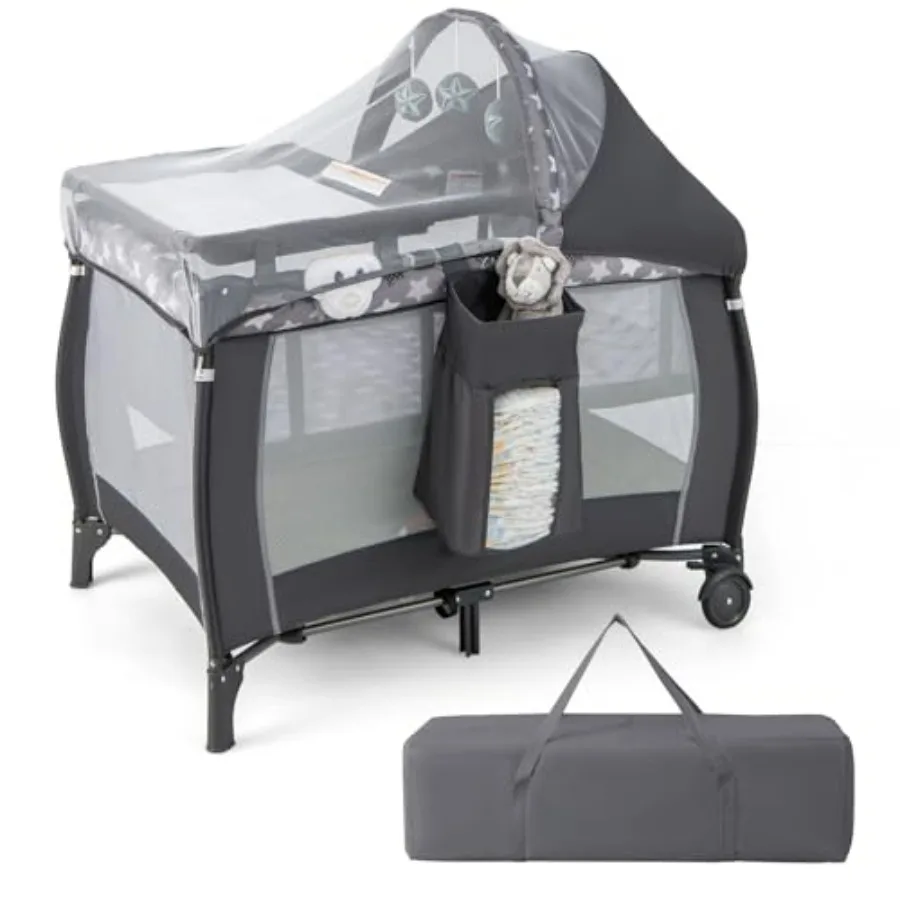 

4-in-1 Portable Baby Playard with Bassinet Foldable Newborn Play Yard with Changing Table Diaper Storage Bag Music Box Wheels w