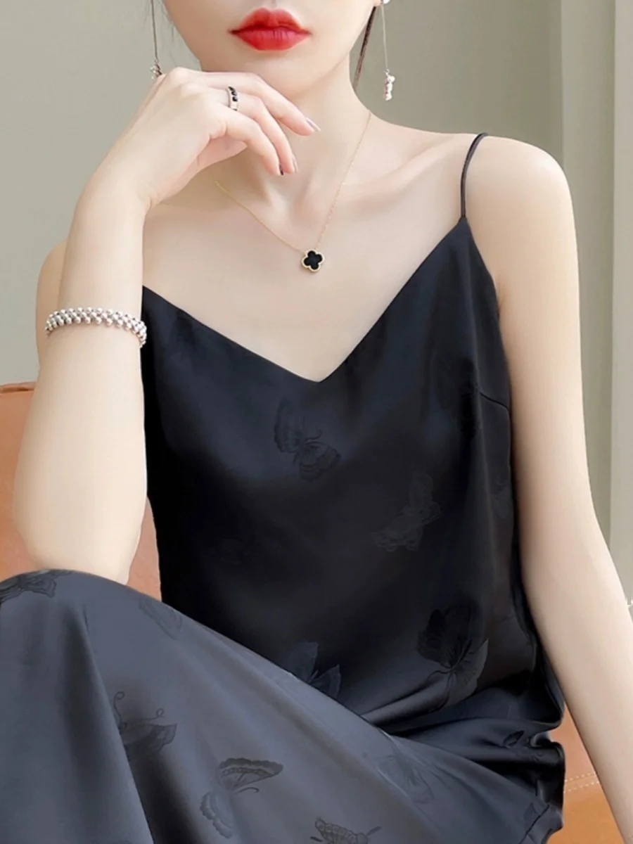 Ele Silk Long Dr Abito estivo da donna a vita alta a trapezio con stampa V-Ne Abito in acetato di raso Svel Bla Strapl Dr