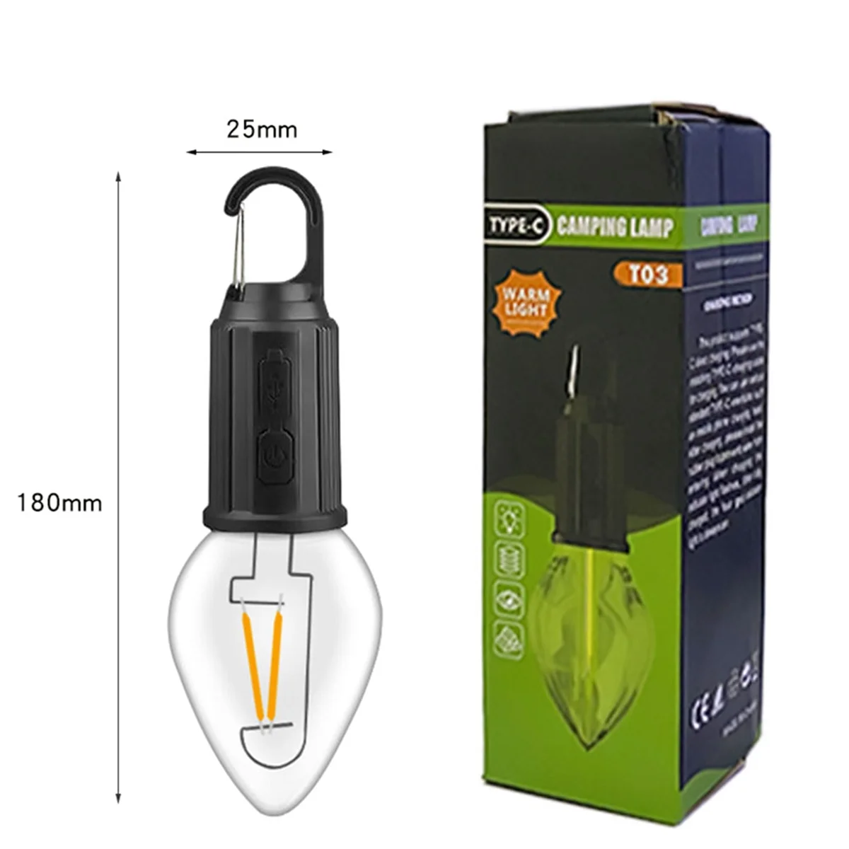 Tira de luces LED con gancho para exteriores, Bombilla USB tipo C de 400MAh, 3 modos, impermeable, para acampar, tienda colgante, Light-T03