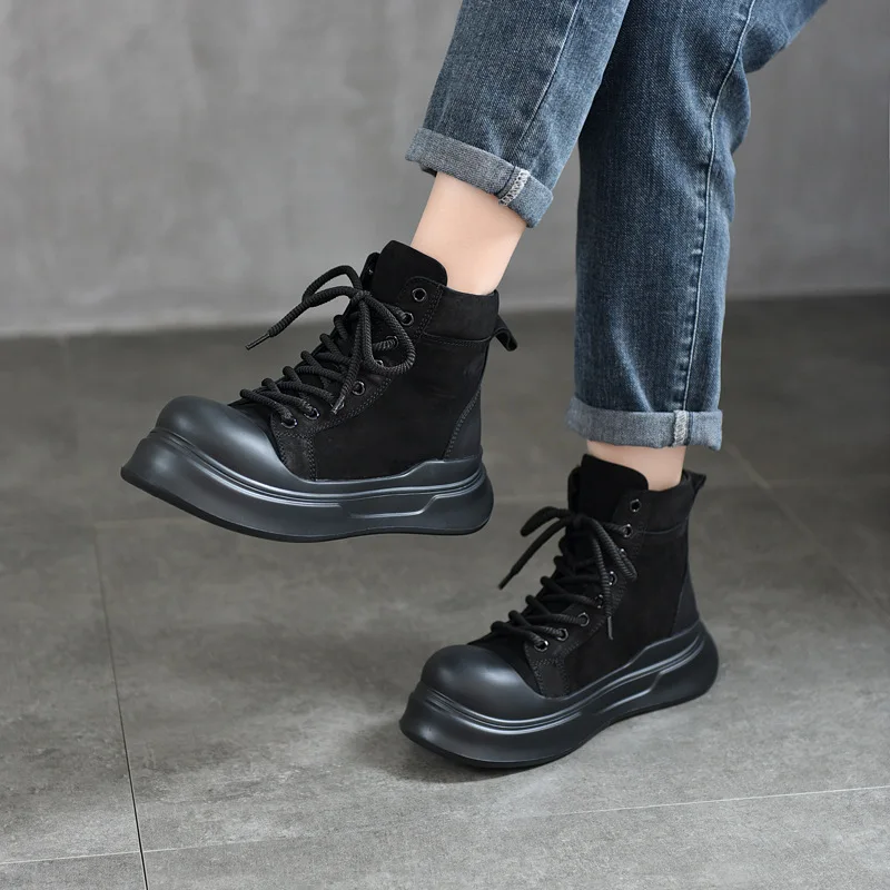 fashion Versatile First-layer Cowhide Thick-soled Boots Women with Lace-up Casual Side Zipper Short Boots Single Leather Boots