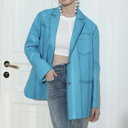 Imported Sheepskin Blazer Jacket For Women 2024 New Fashion Genuine Sheepskin Leather Ladies Loose Blue Oversize Suit Coats