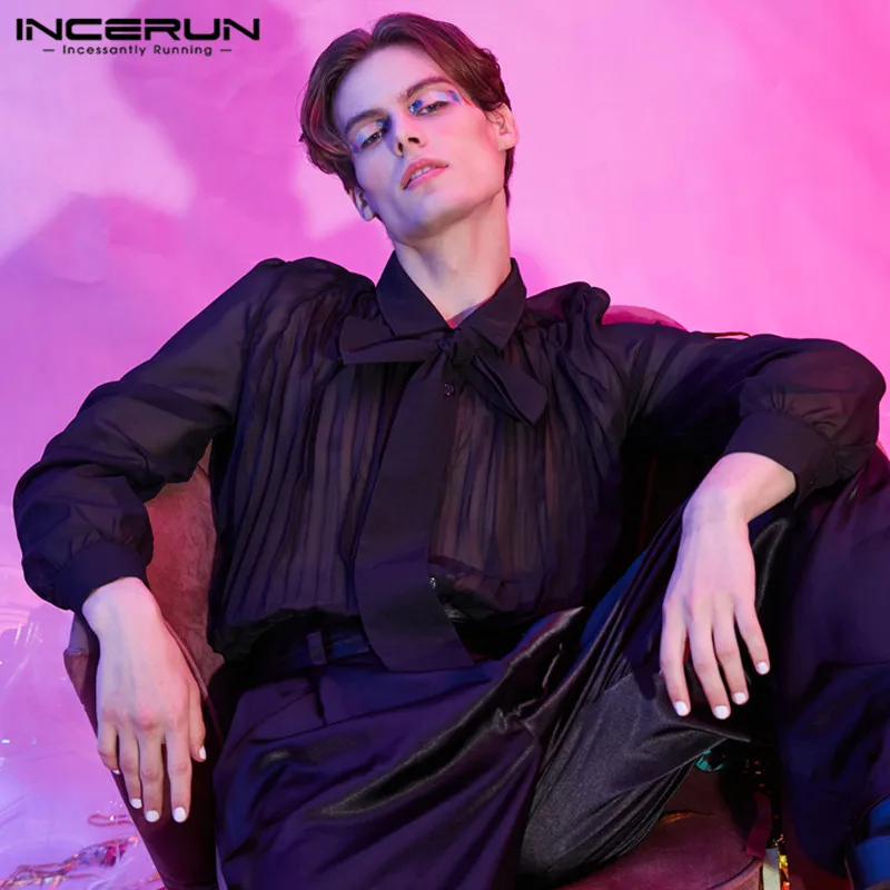 INCERUN – chemise en maille transparente pour homme, Streetwear à manches longues avec revers et cravate, plissée, couleur unie, vêtements de fête,