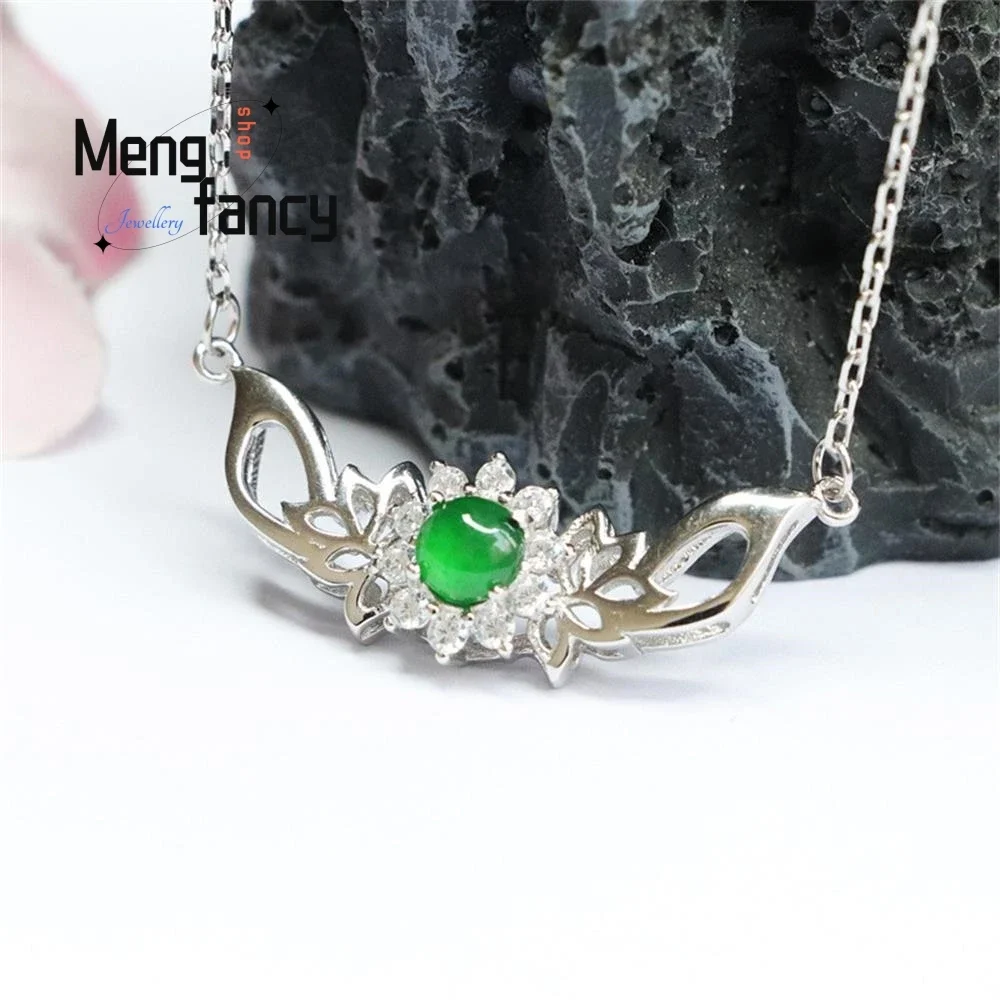 

S925 Silver Lnlaid Ice Jadeite Lotus Flower Imperial Green Jade Egg Exquisite Elegant Simple High-grade Pendant Fashion Jewelry