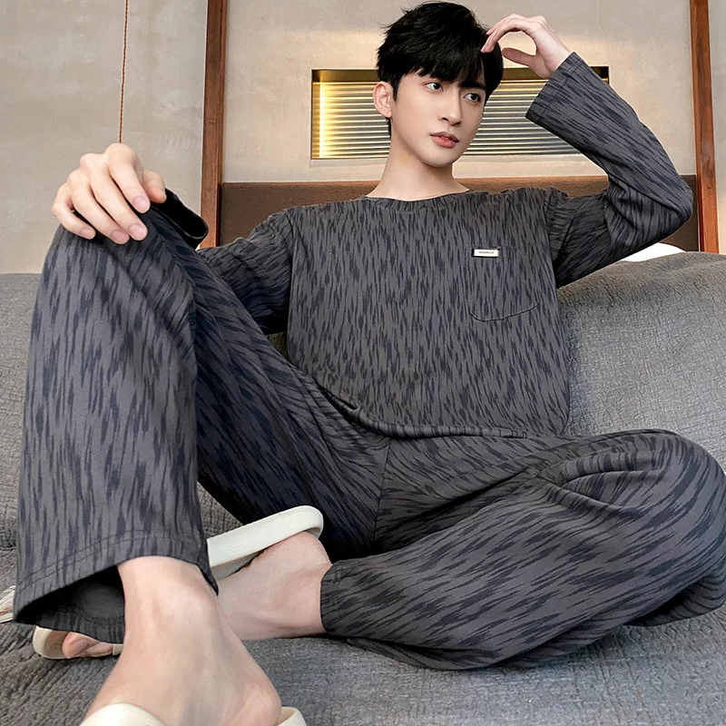 Spring Autumn New Mens Lattice Pajamas Casual Long-sleeved Trousers Sets Pyjamas Stripe Men Sleepwear Pijamas Homewear Fashion