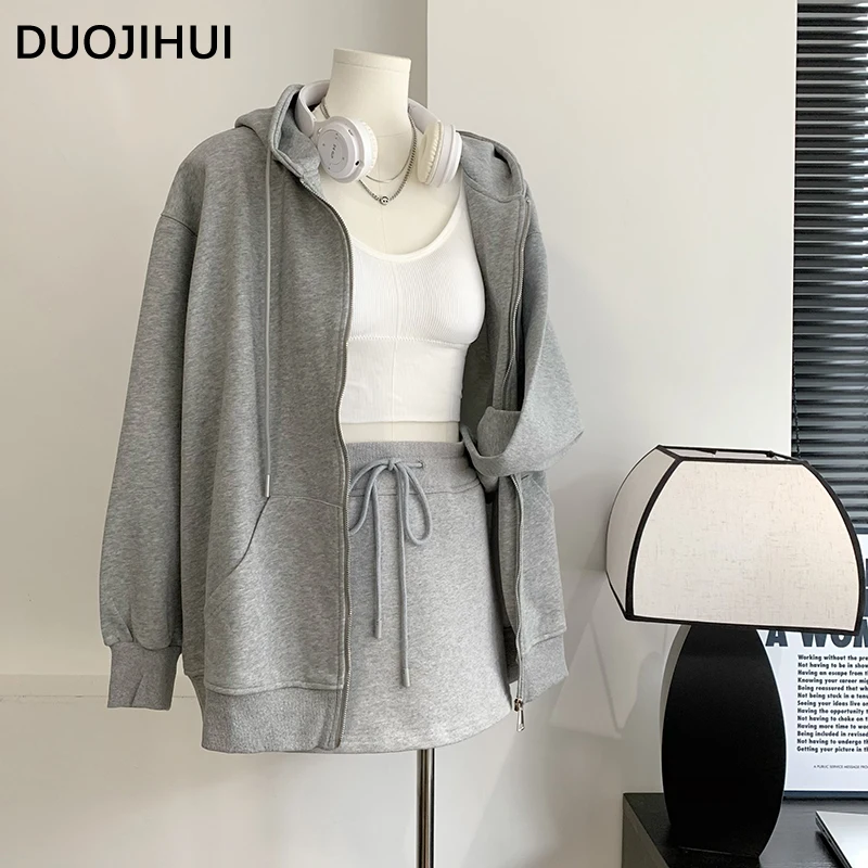 DUOJIHUI Two Piece Grey Chic Hooded Loose Female Hoodies Autumn Fashion Drawstring Skirt Loose Solid Color Zipper Women Hoodies