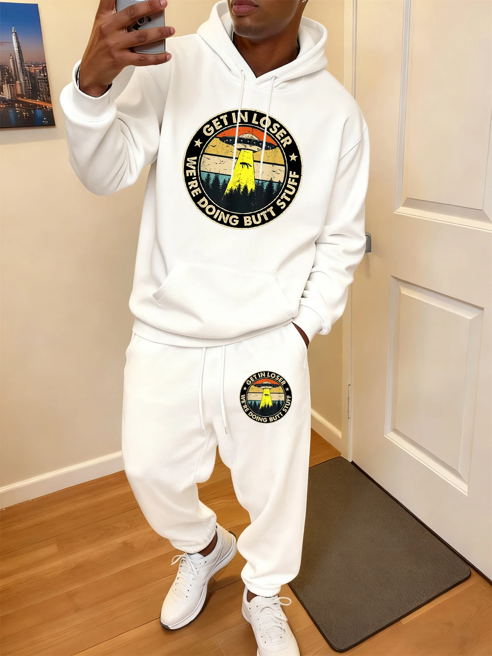 2 قطعة هوديس مجموعة رجالي الحصول على الخاسر Ufo طباعة Sweatpants الشتاء جيب فضفاض البلوز سراويل للجري رياضي الصوف الملابس الدافئة