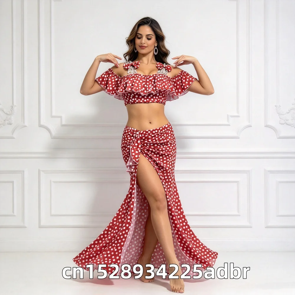 Belly Dancing Costumes for Women Customized Exquisite Bow Top+Sexy Long Skirt 2pcs Belly Dancer Professional Practice Clothes