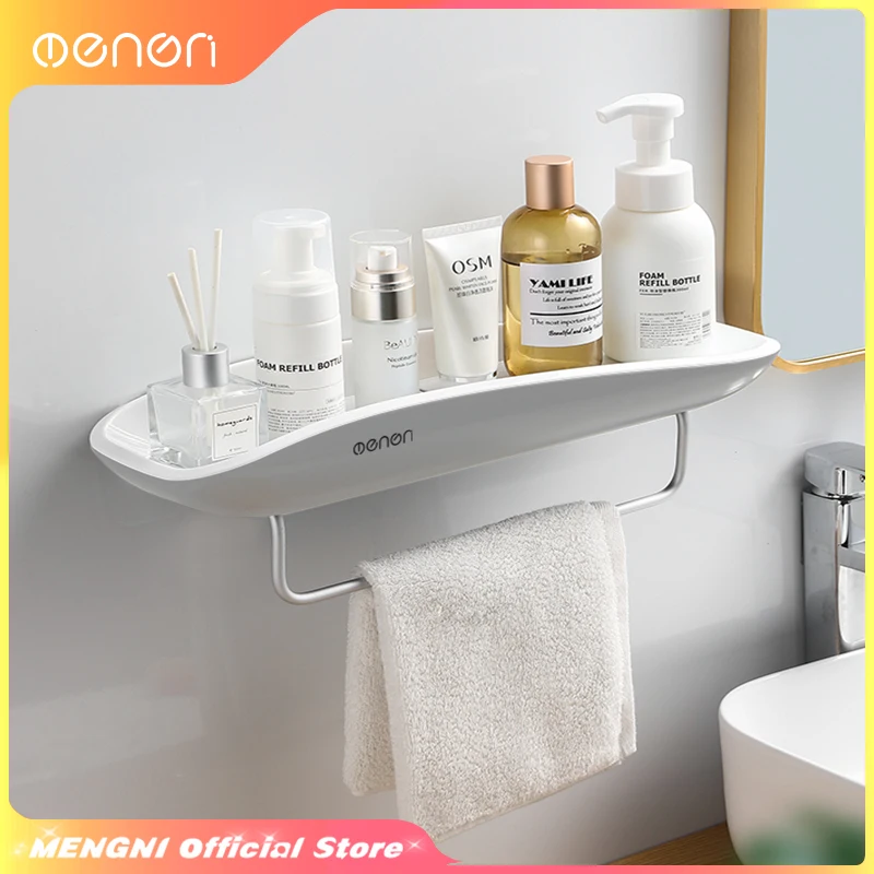 MENGNI Wall Mounted Bathroom Shelf, Storage Rack Holder, Shampoo Spices Shower Organizer, Bathroom Accessories with Towel Bar