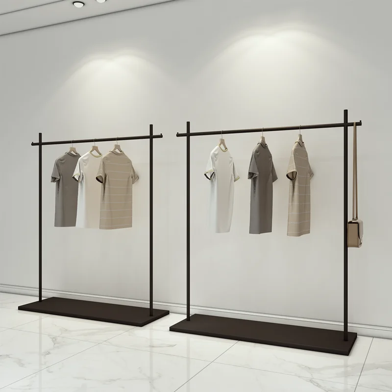 

High-end clothing store floor-to-ceiling hanger, simple modern display rack with board, matte black.