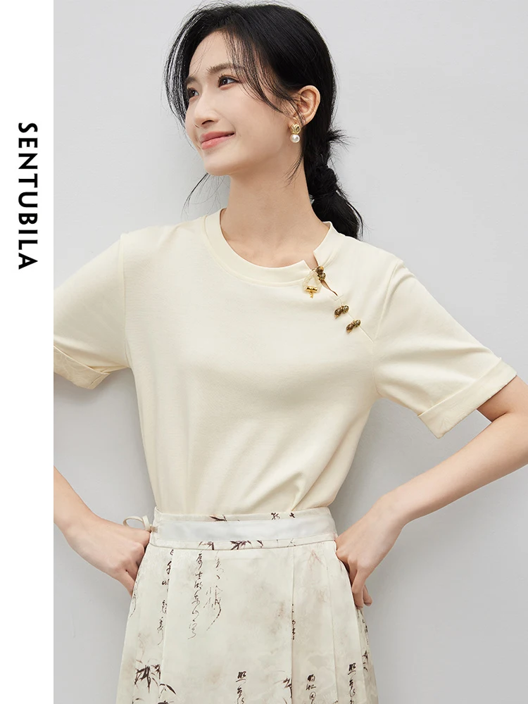 

SENTUBILA Elegant Chinese Style Jacquard Cotton 100% T-shirt 2024 Loose Summer Short Sleeve Tops Round Neck Pullovers 142T55079