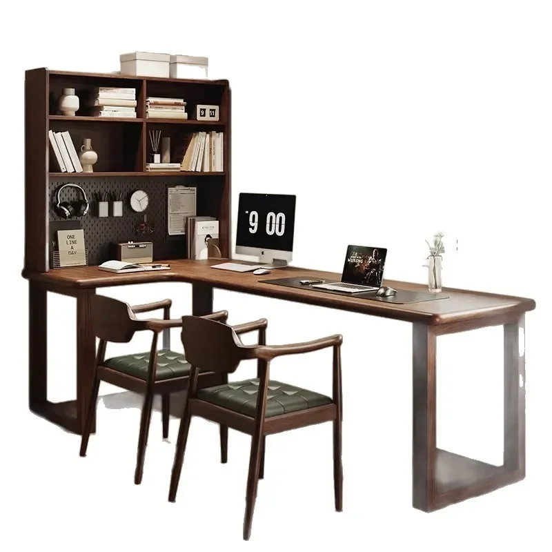 South American Black Walnut Corner Desk with Bookshelf Compact Study Table for Small Apartment Home Office Workstation