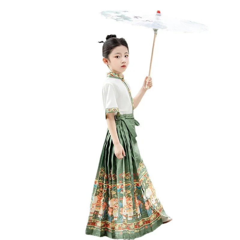 여자 Hanfu Mamian Qun Ming 왕조 직조 금 말 얼굴 스커트 중국 전통 고대 Hanfu 스윙 학생복