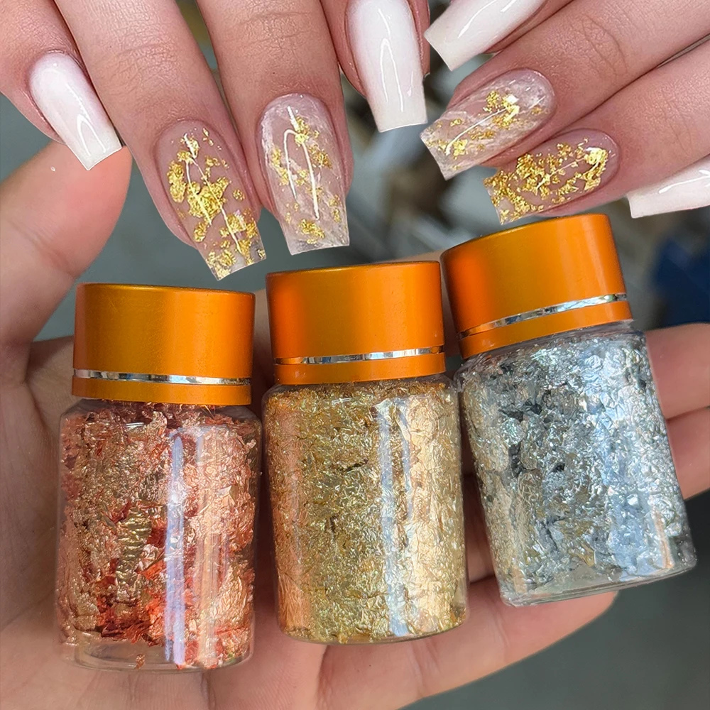 3D Shiny Gold Leaf Sequins Nail Art Foil Paper Charms Gold/Silver/Champagne Copper Foil Glitter Nail Flakes DIY Nail Dec Supplie