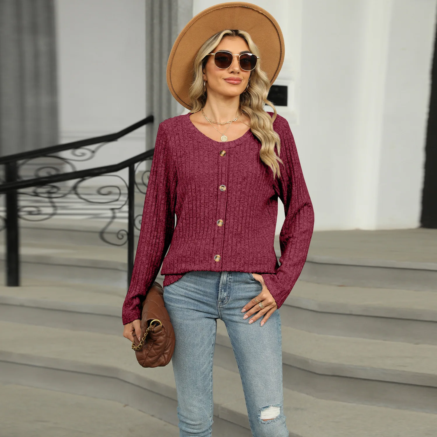 

Winter Clothes Woman Minimalist Single Breasted Knit Cardigan Pink Sweater Cozy Tops for Woman