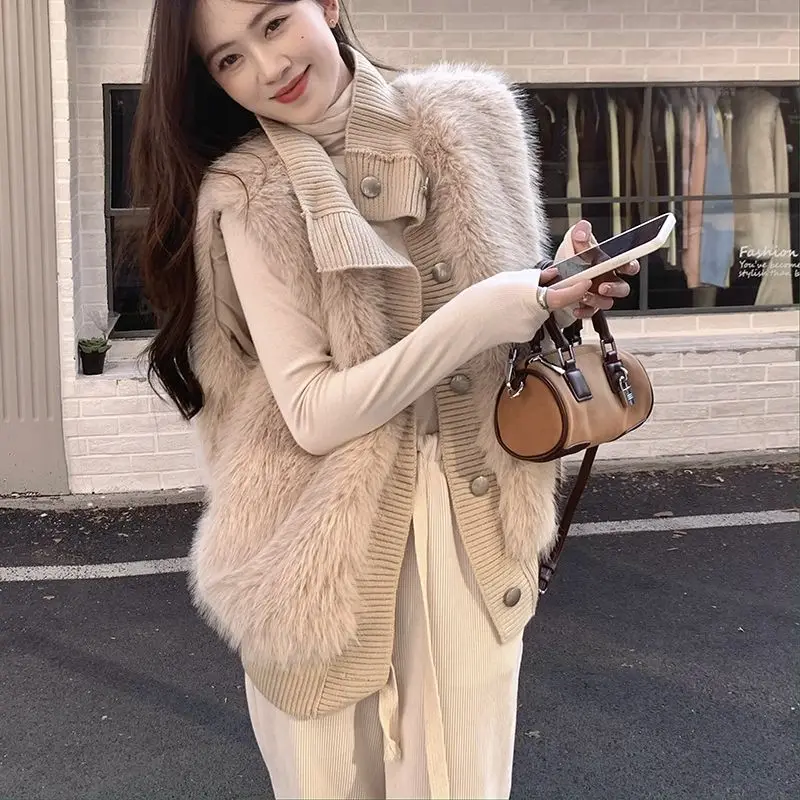 Sweater Mink Fleece Sleeveless Standing Collar Knitted Women Coat Autumn and Winter New Loose Style Elegant Cardigan